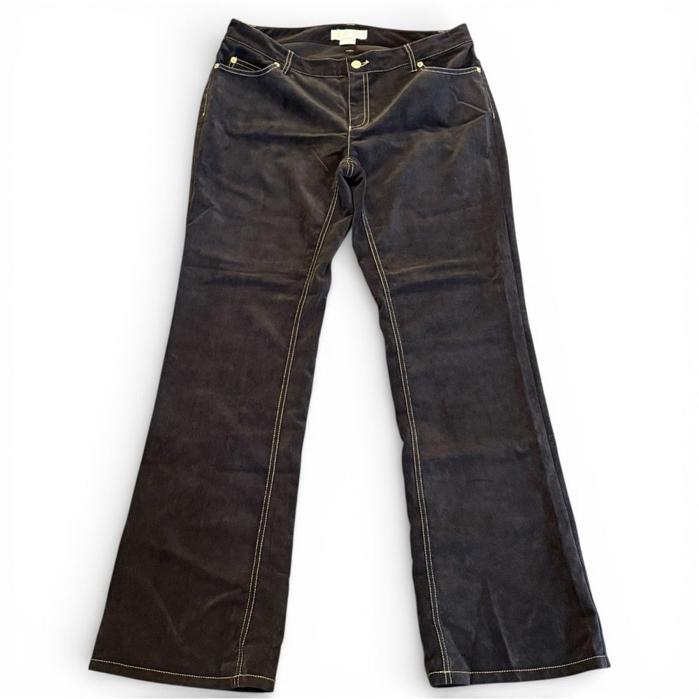 Michael Kors Velour Feel Dark Brown Boot  Cut Pants Tan Contrast Stitching Sz 10